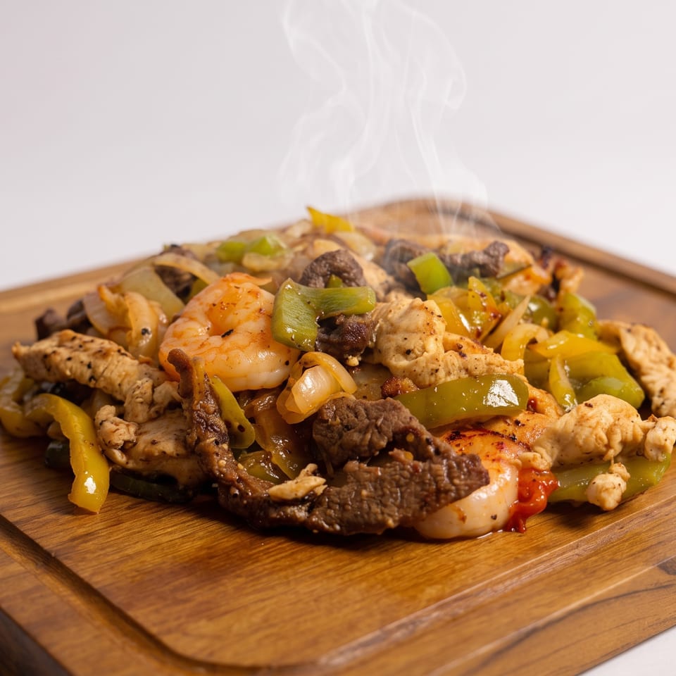 Steaming fajitas with shrimp, chicken, beef, onions, and bell peppers on a wooden board.