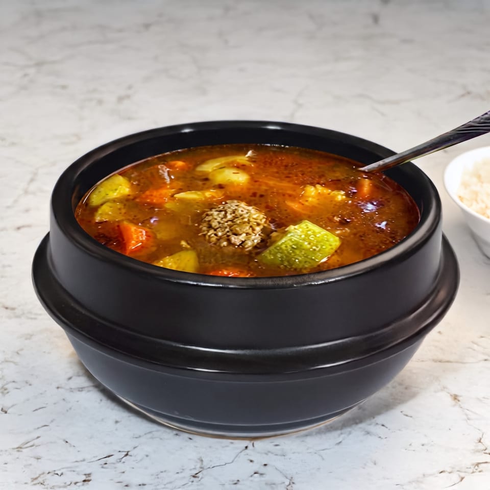 A black bowl of Korean stew with vegetables and a meatball, with a spoon and rice.