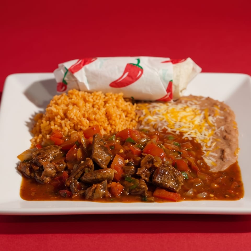 A plate of carne guisada with rice, refried beans, and a burrito on a red background.
