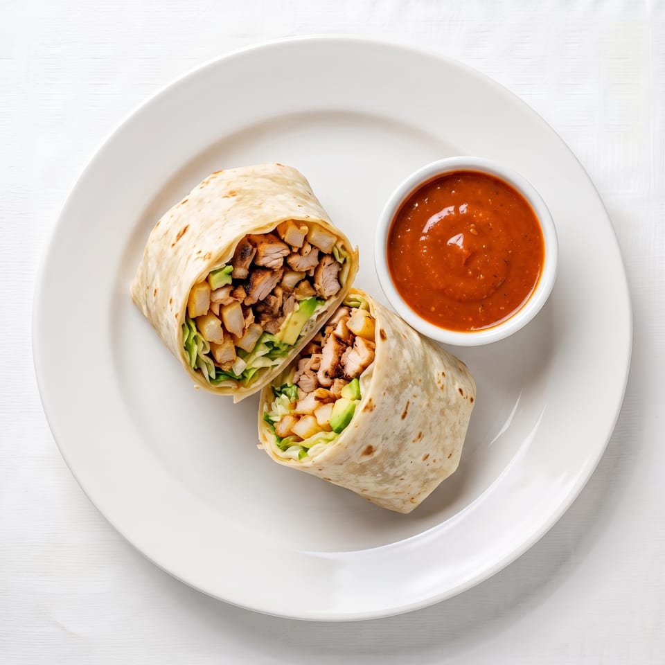 Two halves of a chicken and avocado burrito with lettuce and fries, served with salsa.