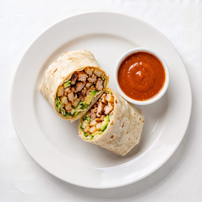 Two halves of a chicken and avocado burrito with lettuce and fries, served with salsa.