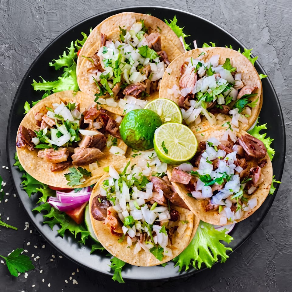 Five street tacos with meat, onions, cilantro, and lime wedges on a black plate.