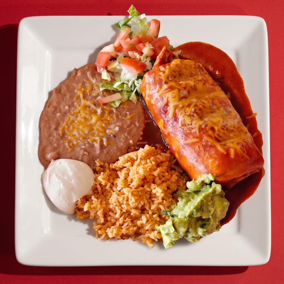 A cheese-covered burrito with red sauce, rice, refried beans, guacamole, sour cream, and salad.