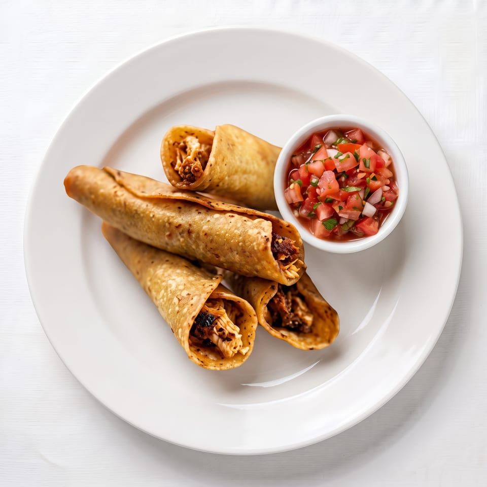 Golden taquitos filled with meat, served with a side of fresh pico de gallo on a white plate.